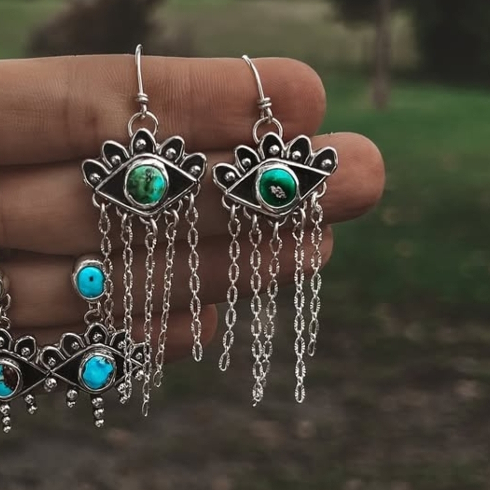 Evil Eye Sonoran Gold Turquoise Earrings - Picture 1 of 4